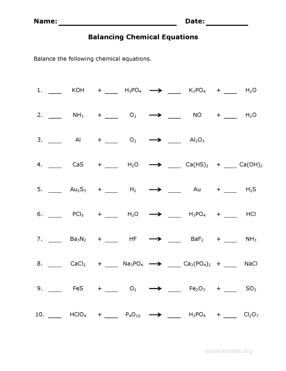 Balancing Equations Practice Problems Worksheet Answers