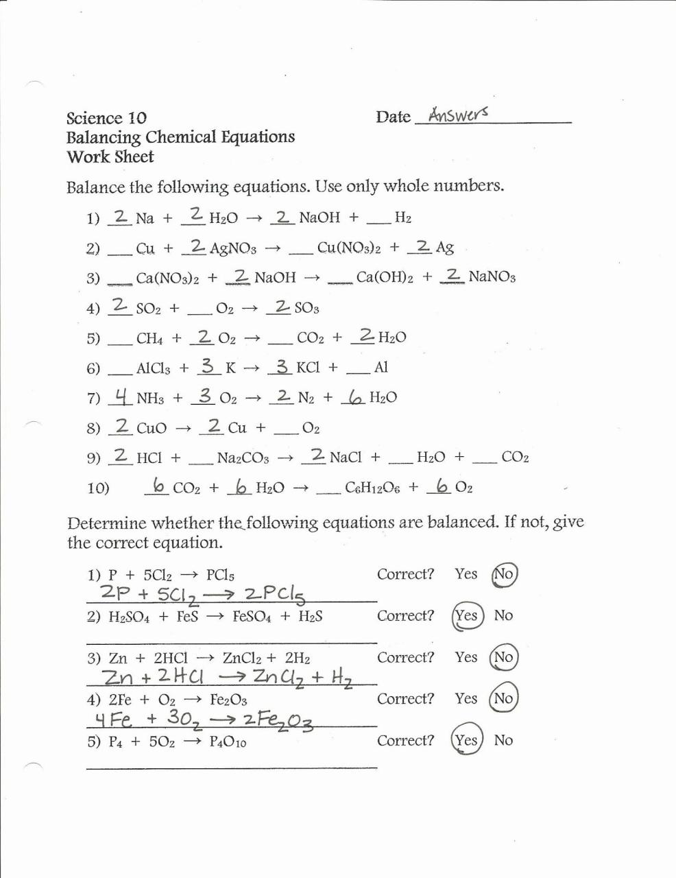 Answer Key Balancing Chemical Equations Worksheet 100 free balanced