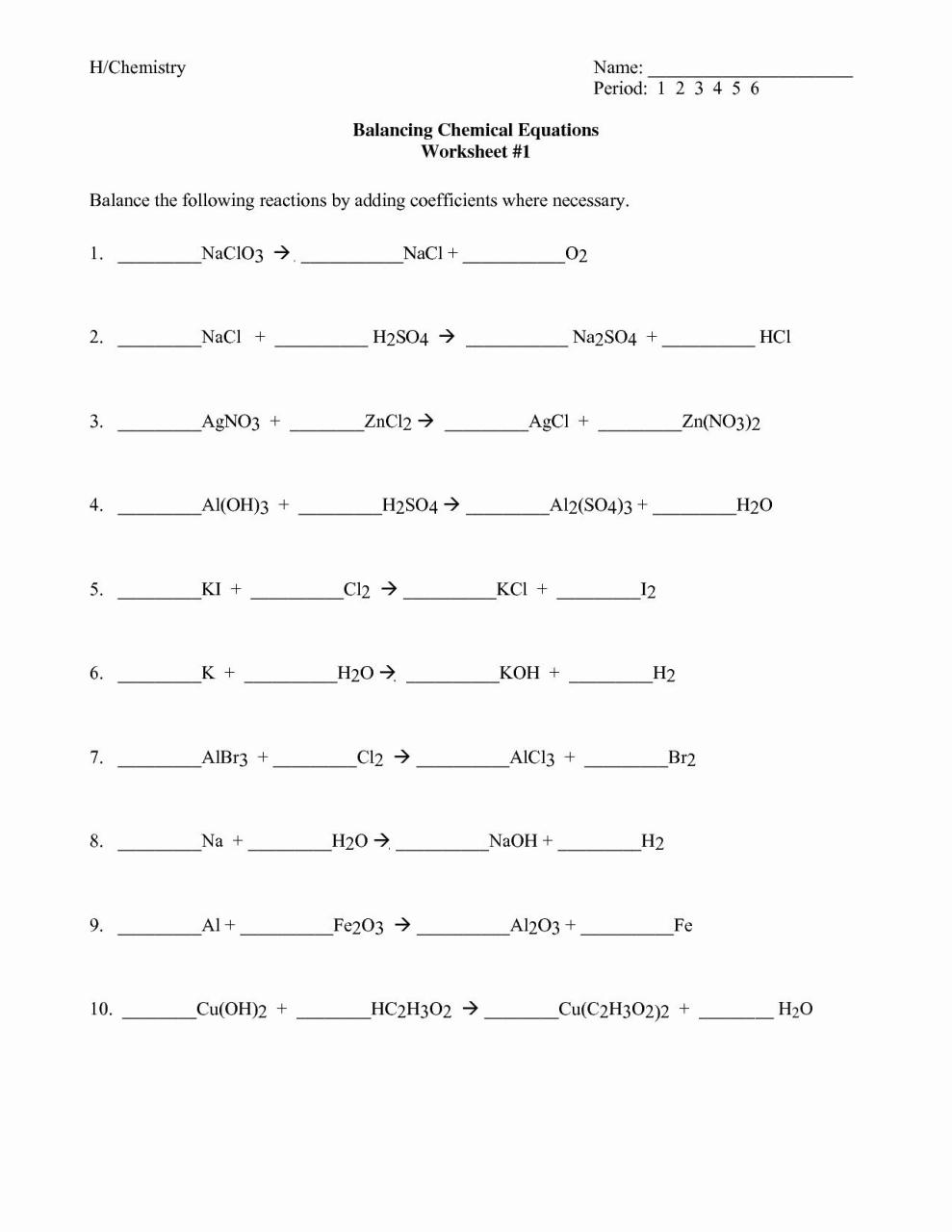 Balancing Chemical Equations Practice Worksheet with Answers