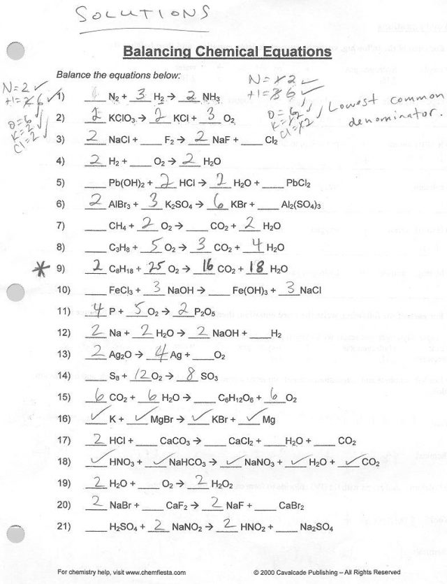 Chemistry Chemical Equations Worksheet Answer Key