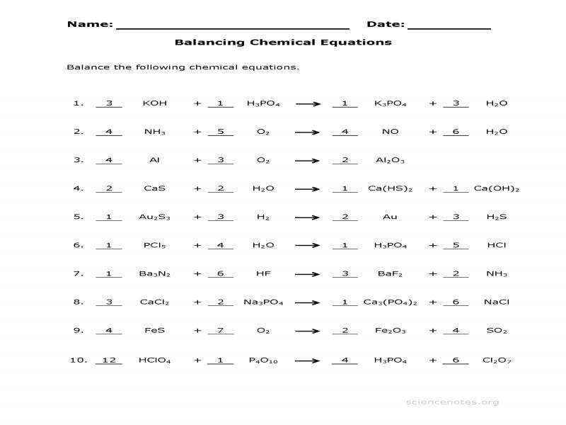 Balancing Equations Practice 2 Worksheet Answers