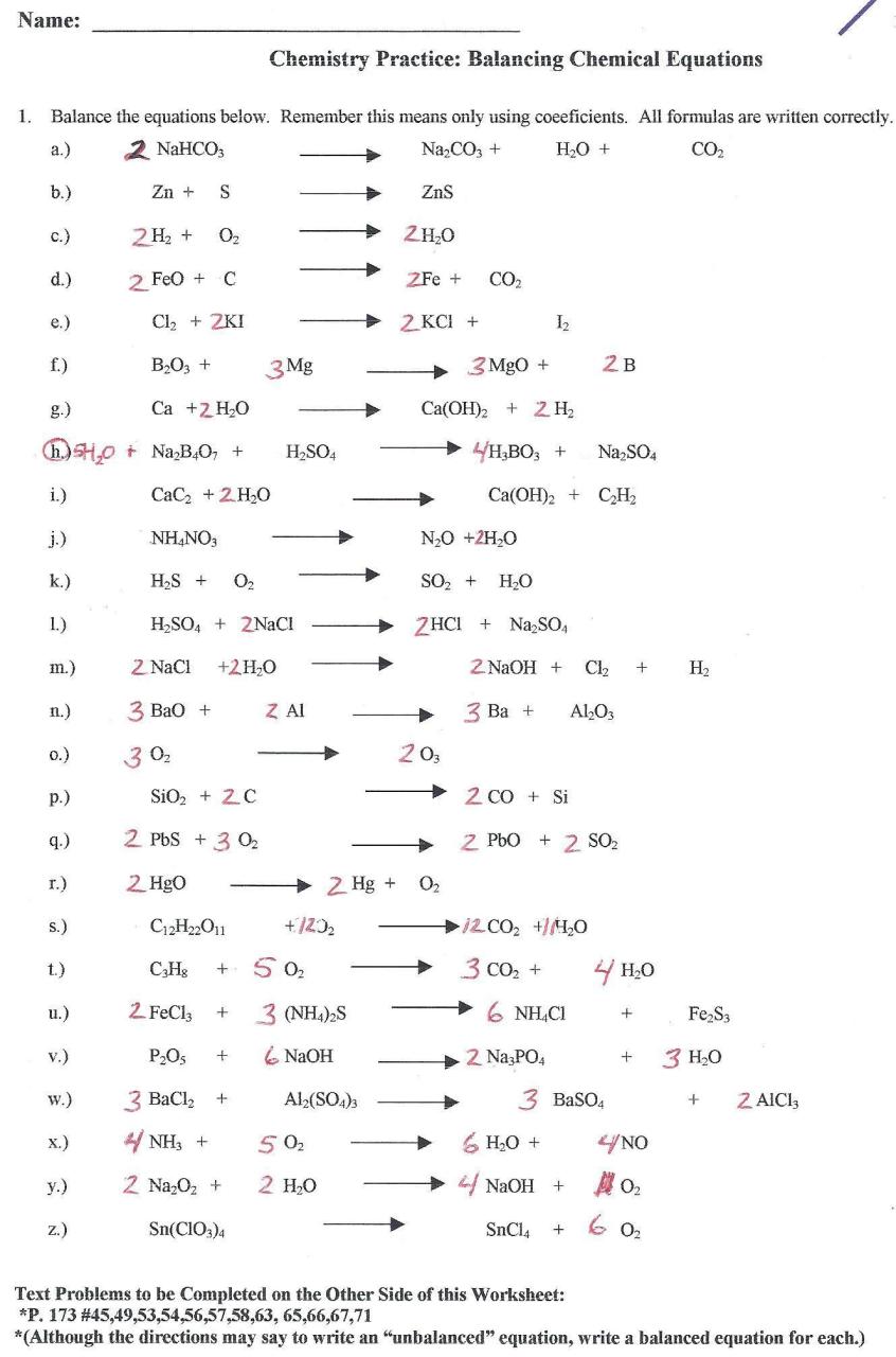Balancing Equations And Types Of Reactions Worlsheet Key Balancing