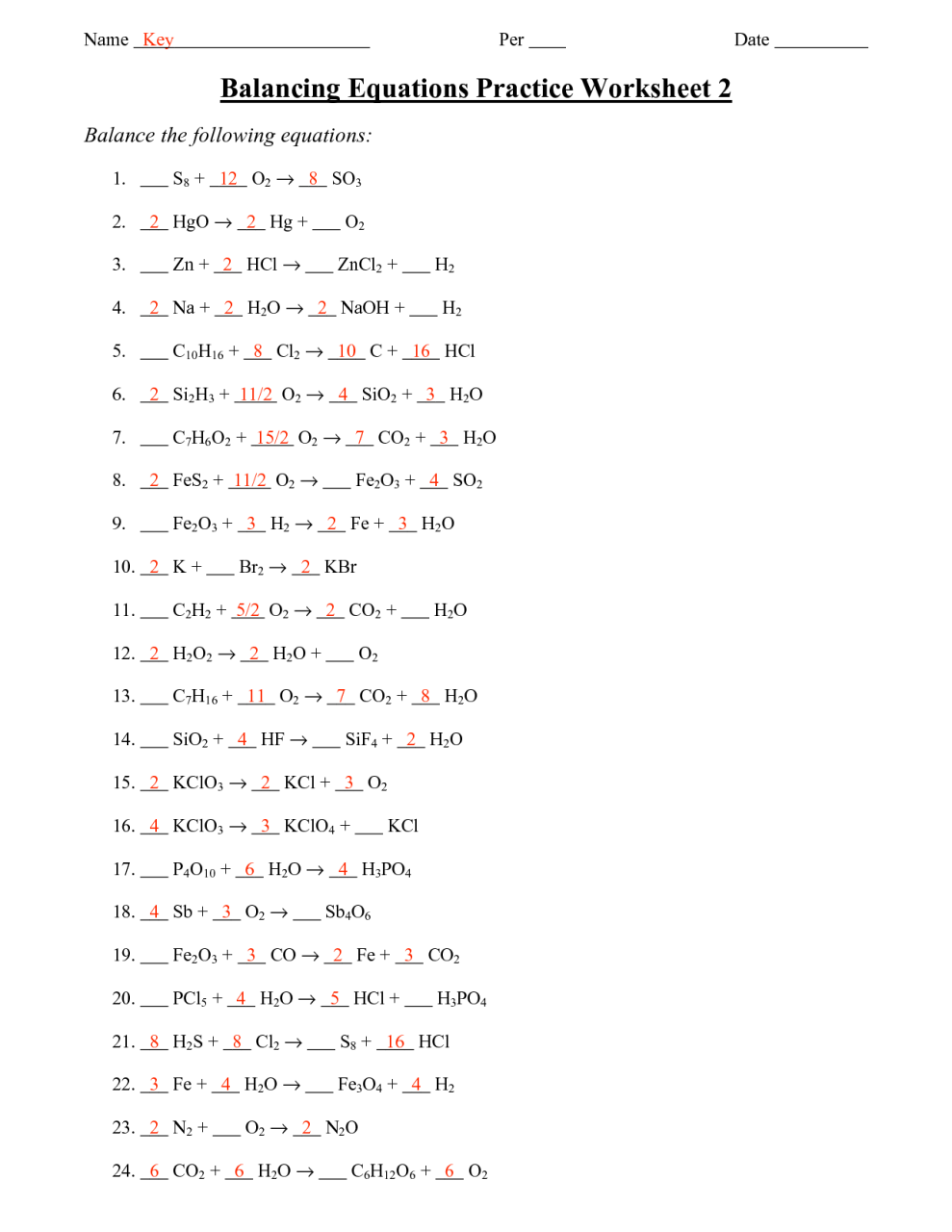 Answer Key Balancing Equations Practice Problems Worksheet Answers + My