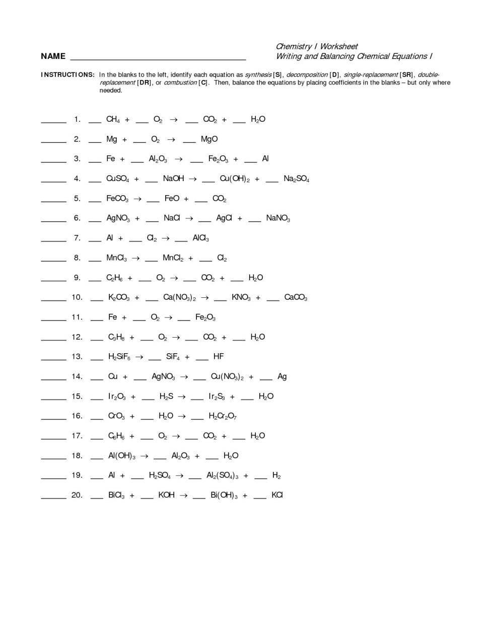 Balancing Chemical Equations Worksheet Pdf Briefencounters
