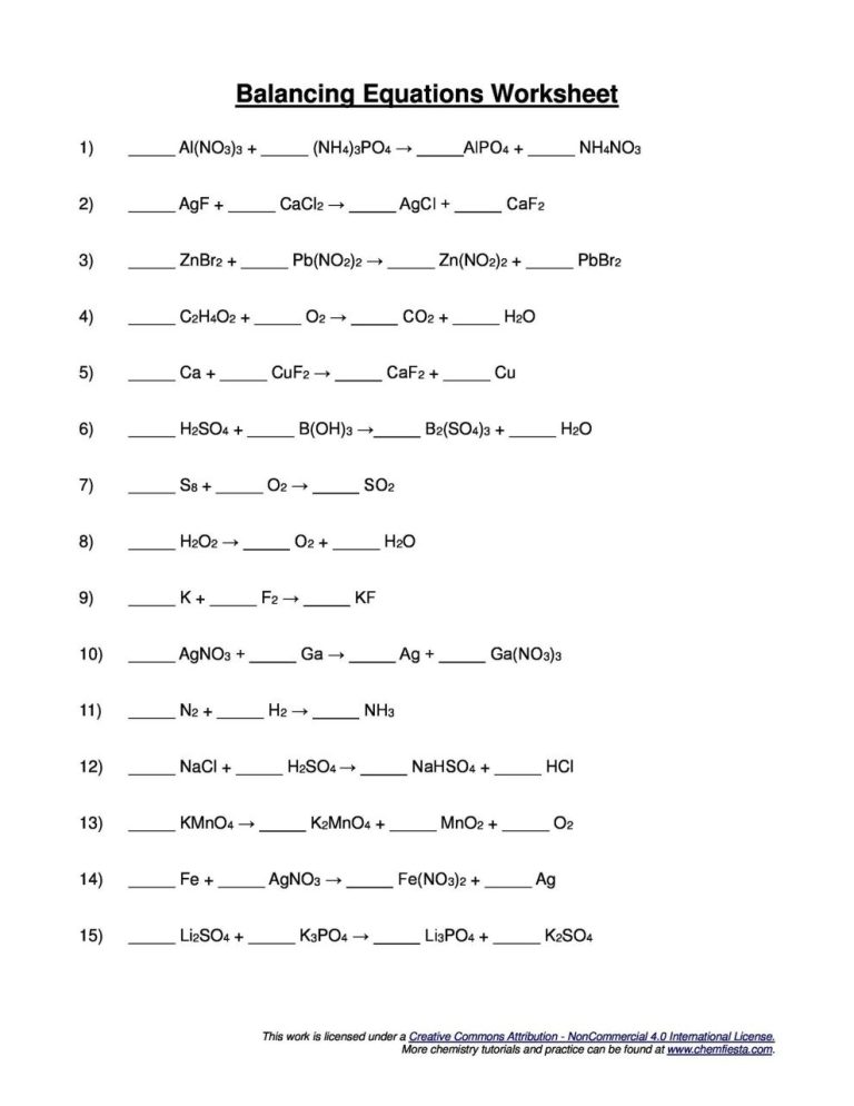 Balancing Chemical Equations Worksheet Answers 1-25