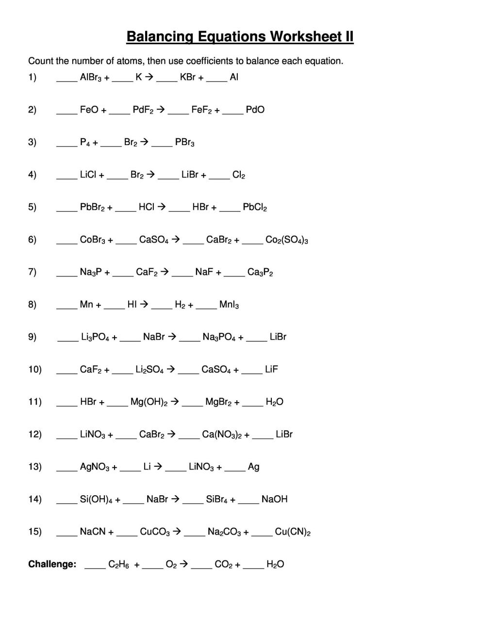 Balancing Chemical Equations Worksheet With Answers Grade 10