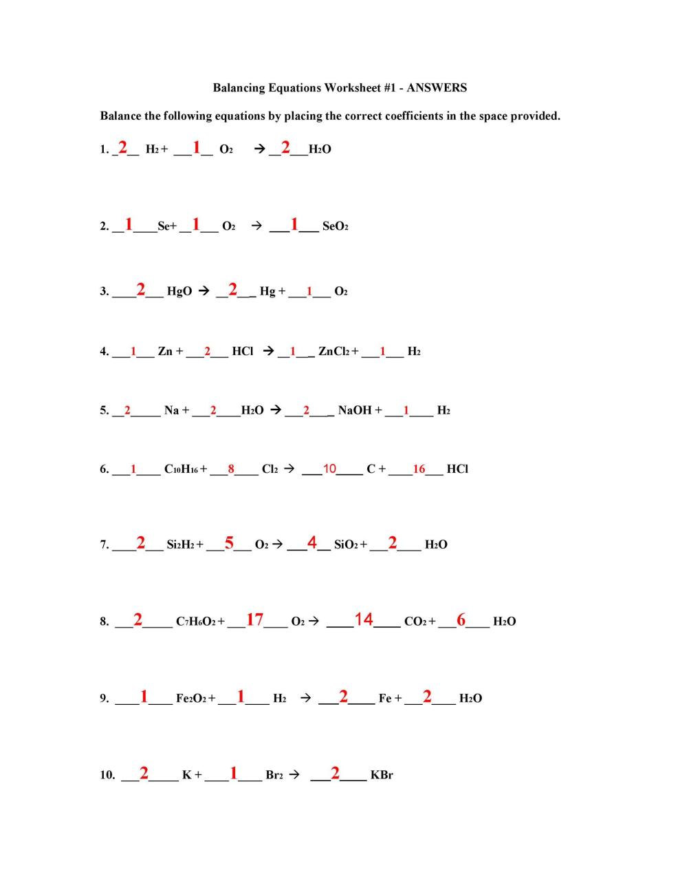 Writing and balancing chemical equations worksheet answers pdf