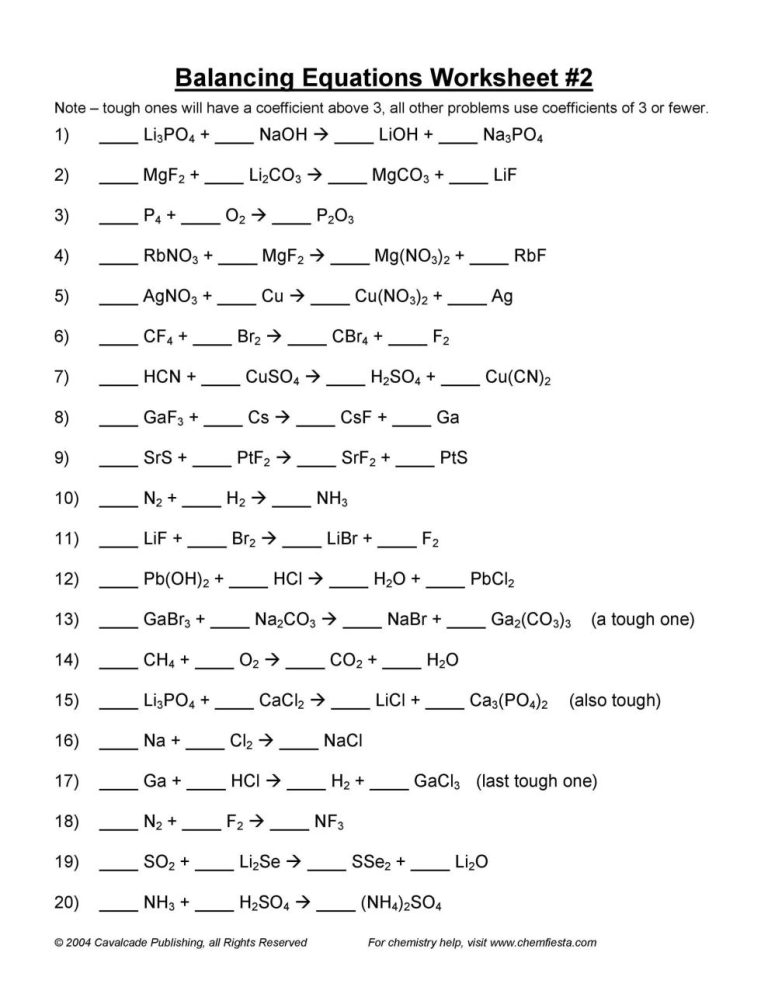 Balancing Chemical Equations Worksheet Answers