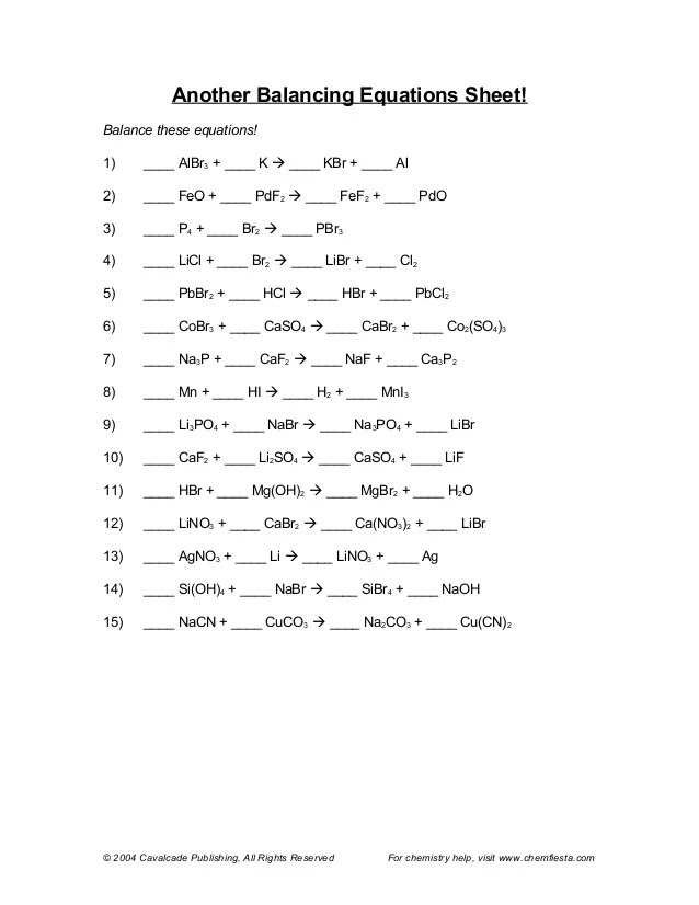 Balancing Chemical Equations Grade 10 Worksheet balancing chemical
