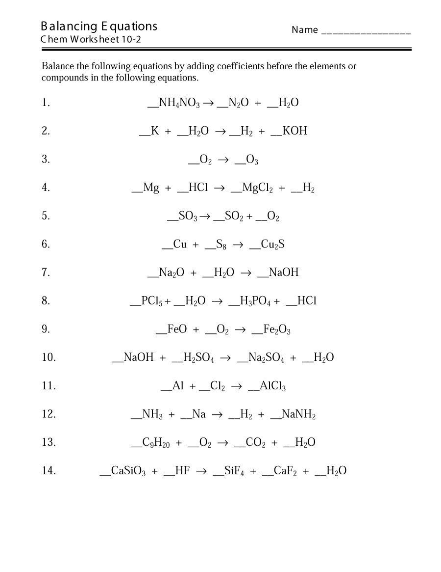 Balancing Equations Practice 1 Worksheet Answers