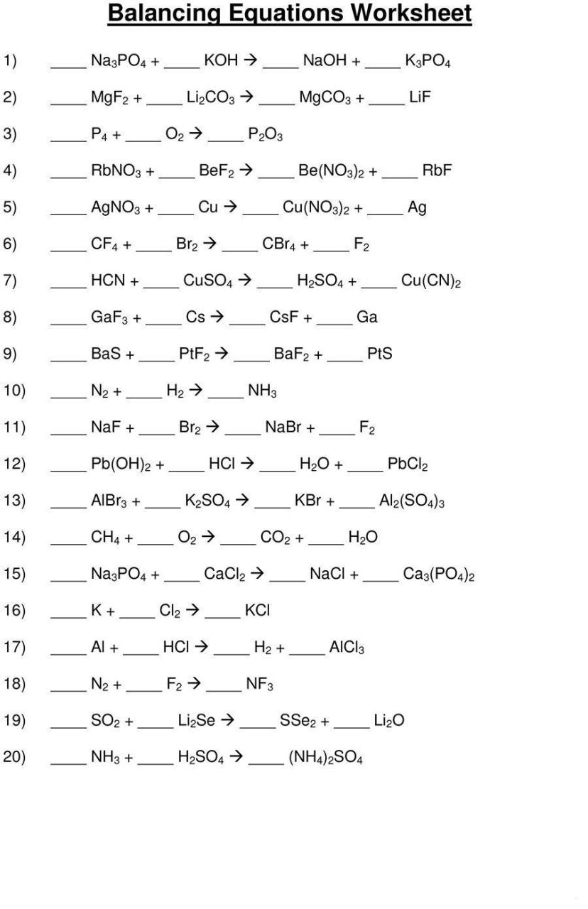 Balancing Chemical Equations Worksheet 1 Answer Key