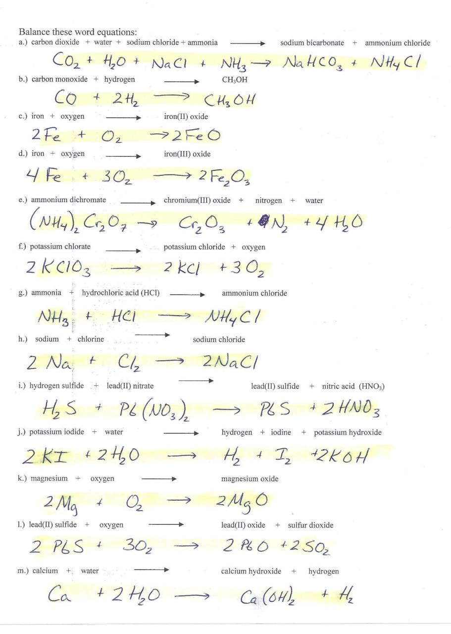 Balancing Equations And Types Of Reactions Worlsheet Key / Types Of