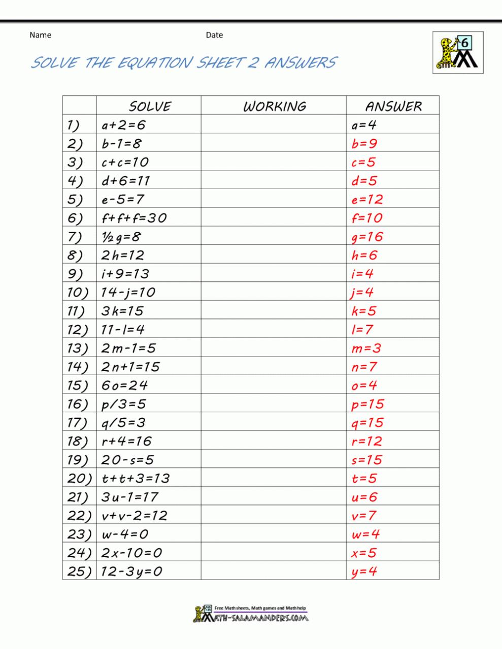 Free Worksheets For Linear Equations (Grades 69, PreAlgebra Free