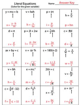 Literal Equations Worksheet Answer Key With Work Algebra 1