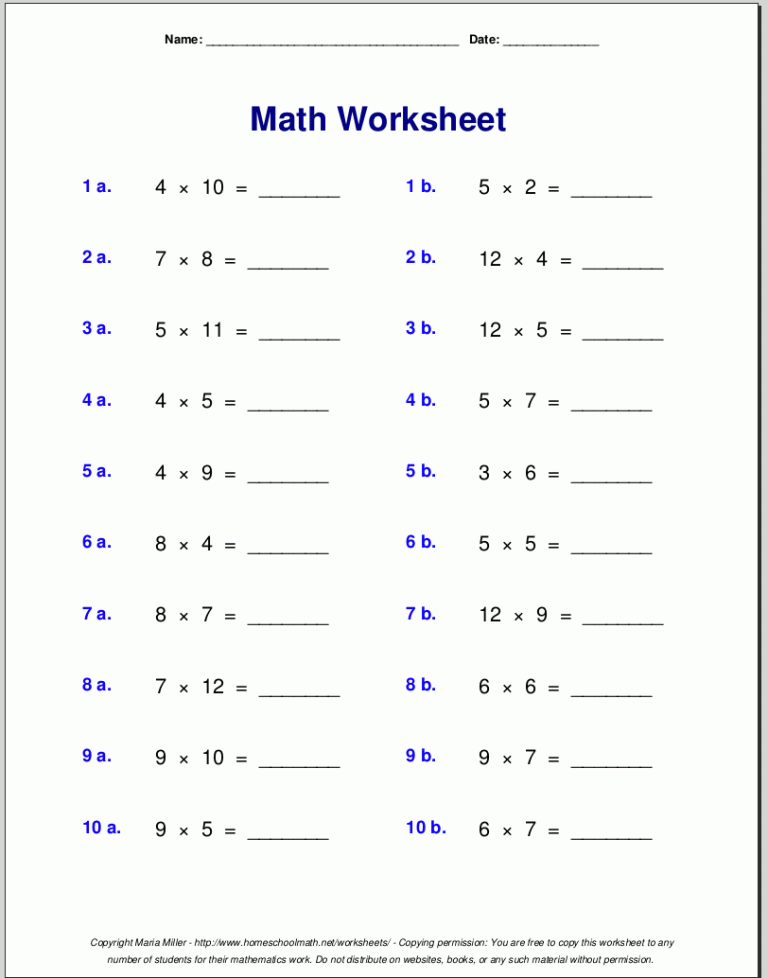 Free Printable Multiplication Worksheets Grade 3