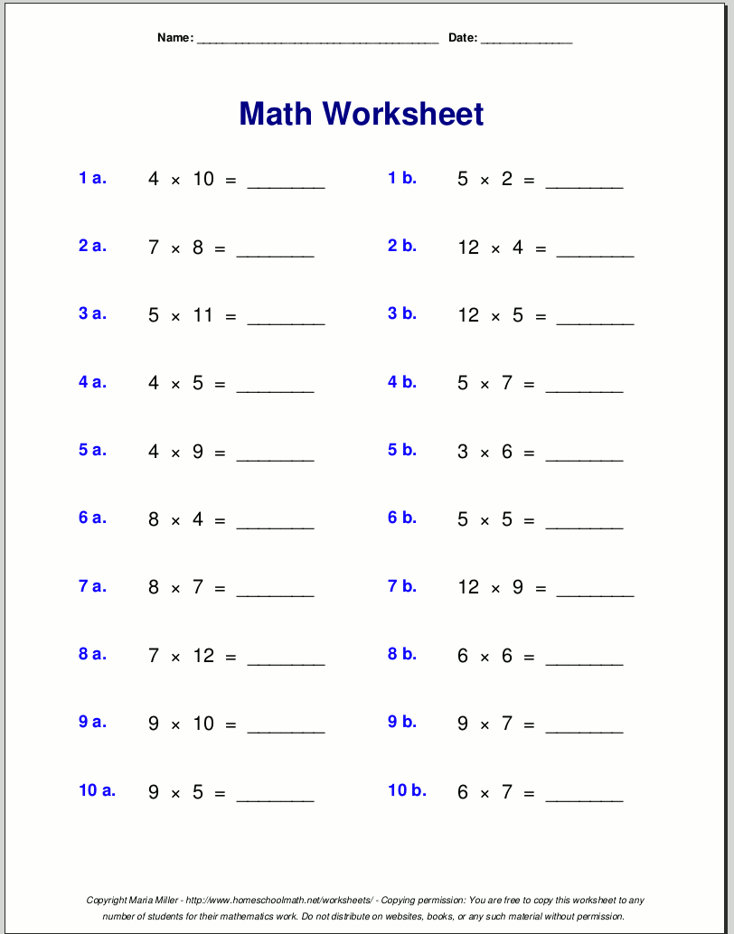 Grade 3 Multiplication Math Sheet