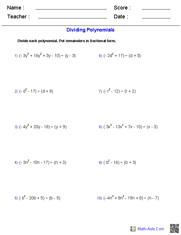 Algebra Dividing Polynomials Worksheet Answers