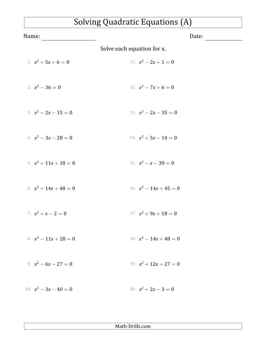 Solving Quadratic Equations Worksheet Algebra 1