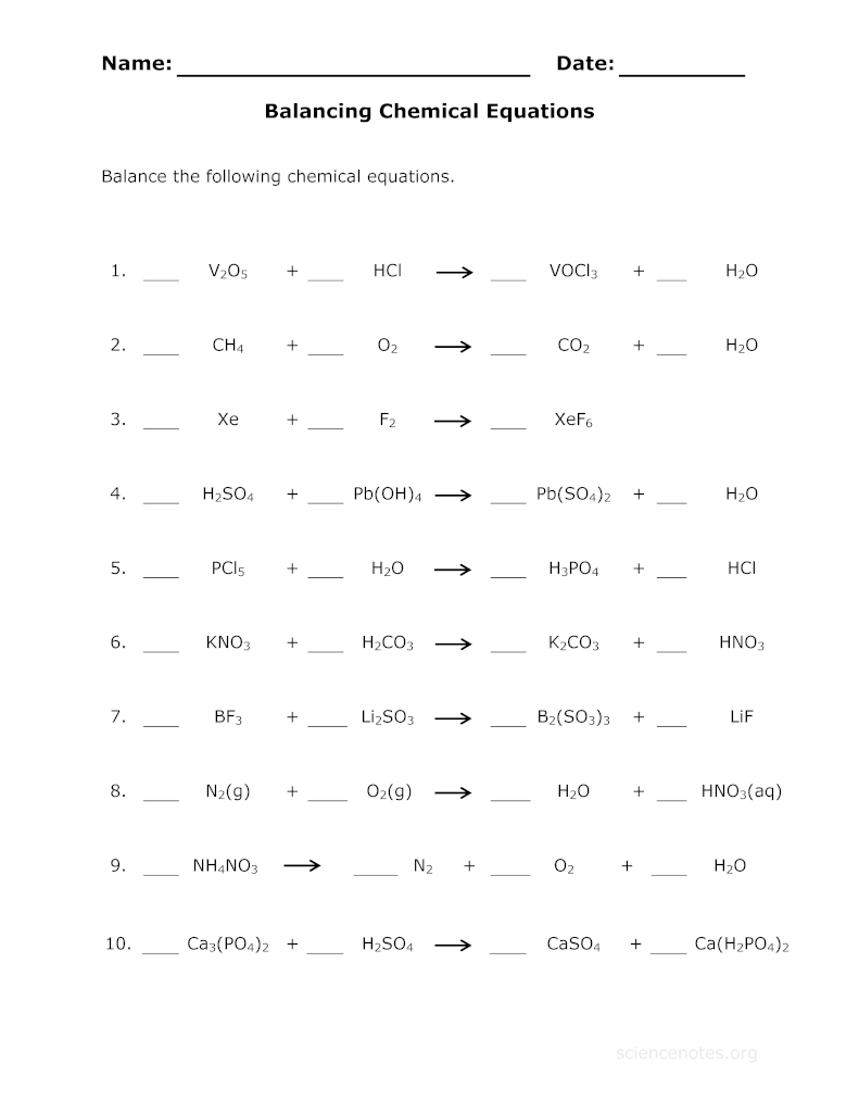 Balance Chemical Equations Worksheet Balancing equations, Chemical