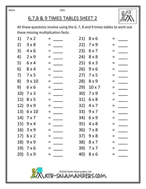 Free Printable Multiplication 6 7 8 9 Worksheets