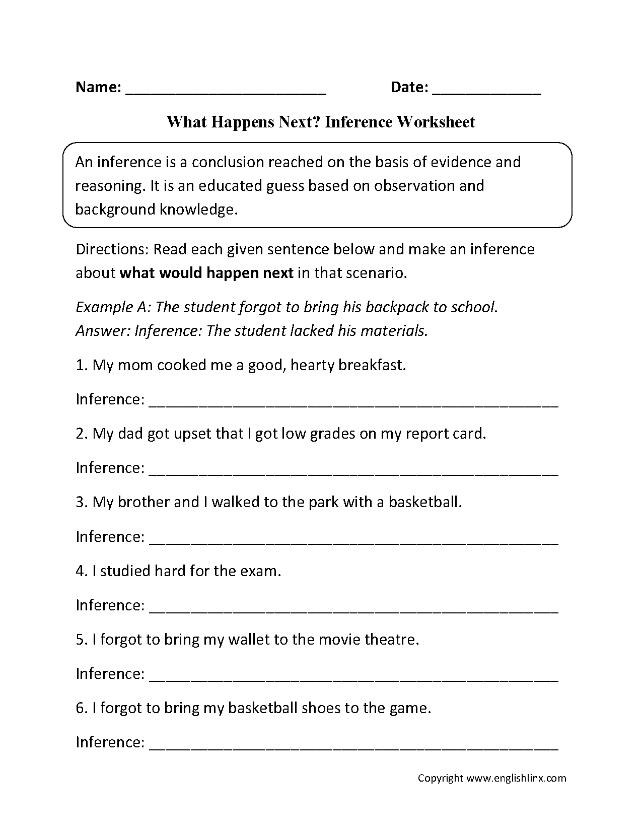 6th Grade Free Inference Worksheets