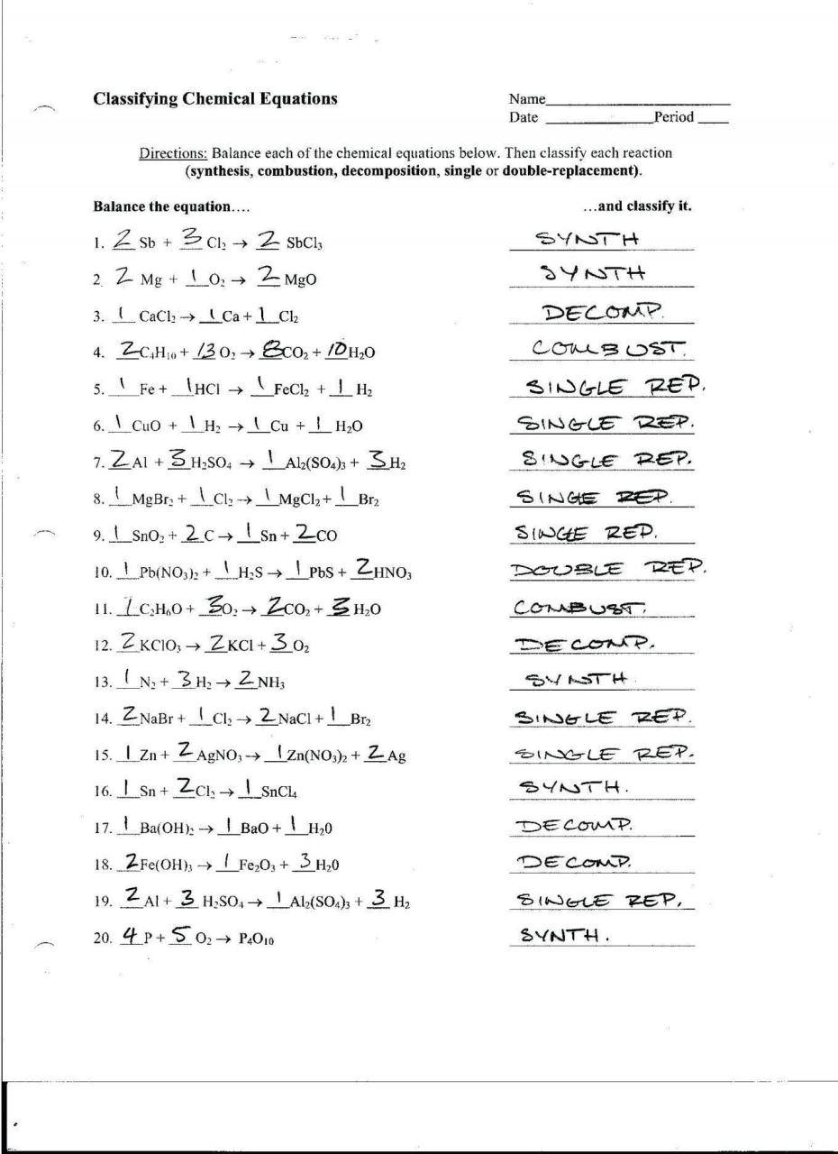 Balancing Equations And Types Of Reactions Worlsheet Key Answer Key