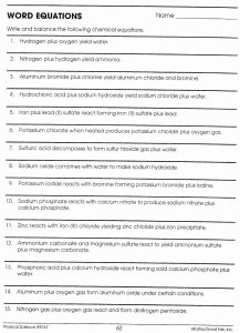 Chemistry Chemical Word Equations Worksheet Answers The Best Free