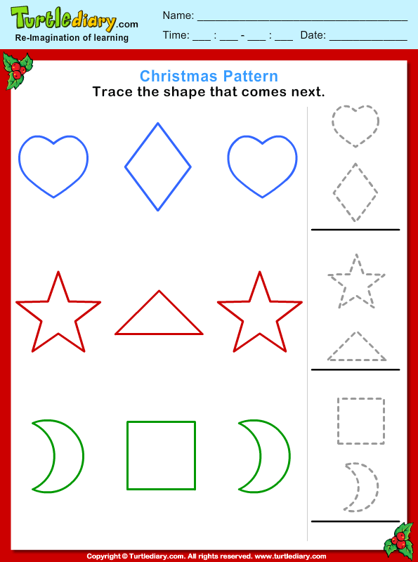 Christmas Pattern Trace Shape Worksheet Turtle Diary