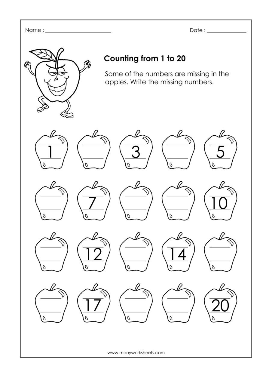 Counting 1 to 20 Worksheets Kindergarten