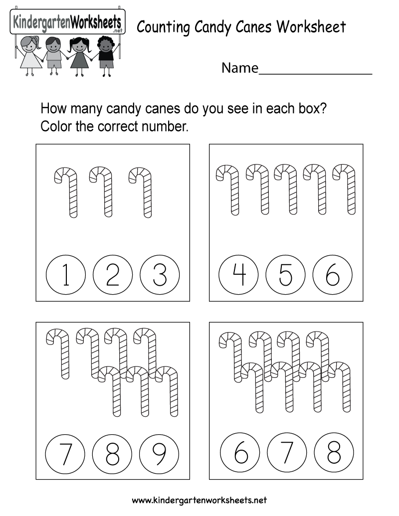 Free Printable Counting Candy Canes Worksheet for Kindergarten