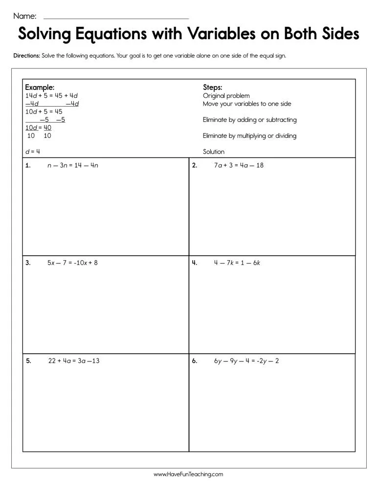 Solving Equations with Variables on Both Sides Worksheet Solving