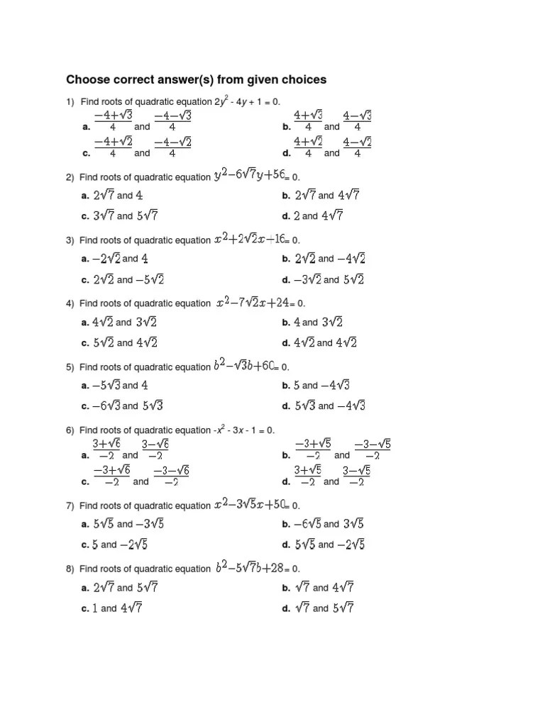 Quadratic Equations Worksheet Grade 8 Pdf