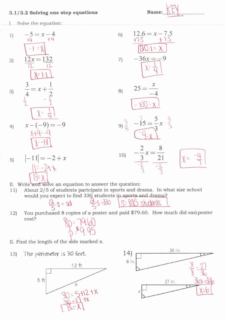 One-Step Equations Worksheet Answer Key