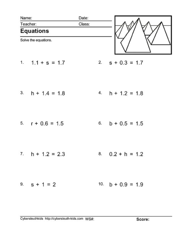 Addition And Subtraction Equations Worksheets 6th Grade equality in