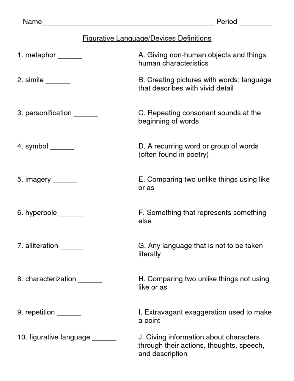 Matching Words And Meanings Worksheet