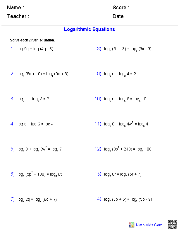 Solving Log Equations Worksheet Answers
