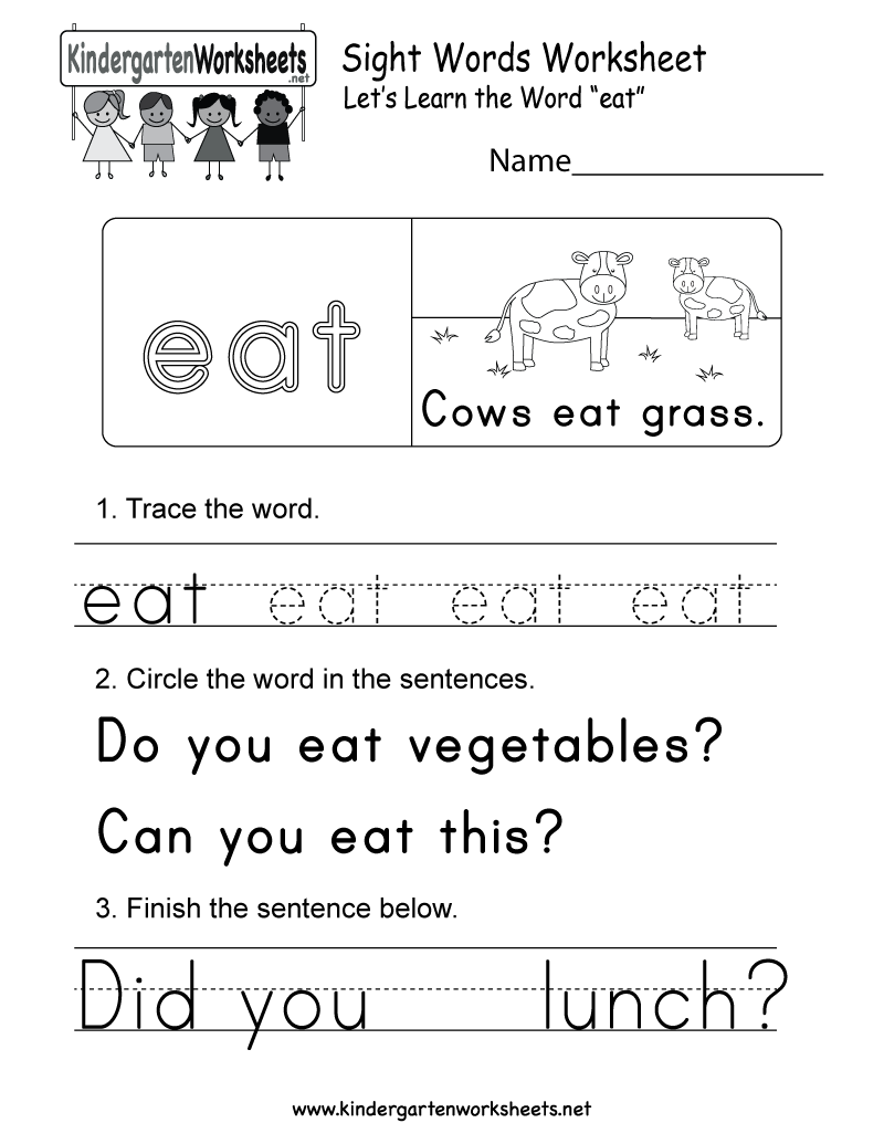 Sight Word (eat) Worksheet Free Kindergarten English Worksheet for Kids