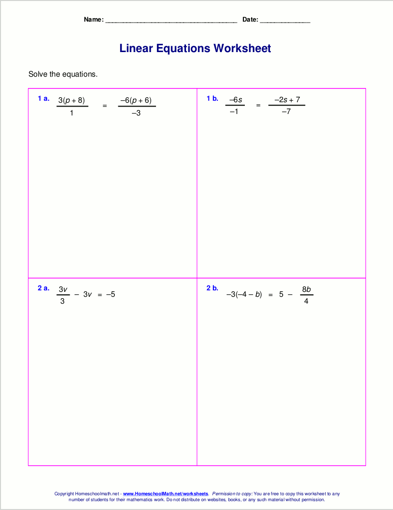 Linear Equations Worksheet Grade 6