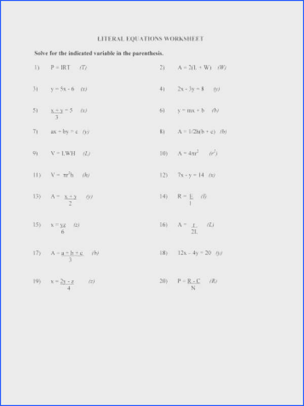 Solving For Specific Variable Worksheet Solving for A Variable