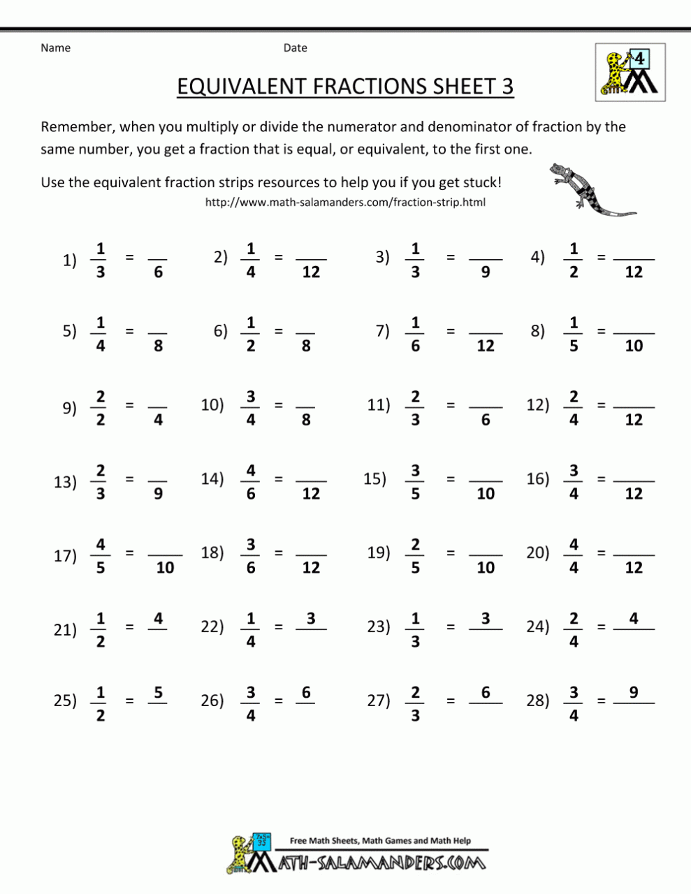 3Rd Grade Math Worksheets Fractions