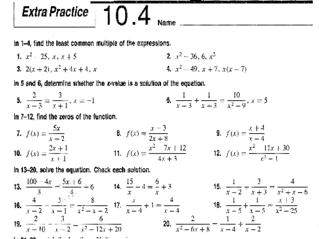 Solving Rational Equations Worksheet Algebra 1