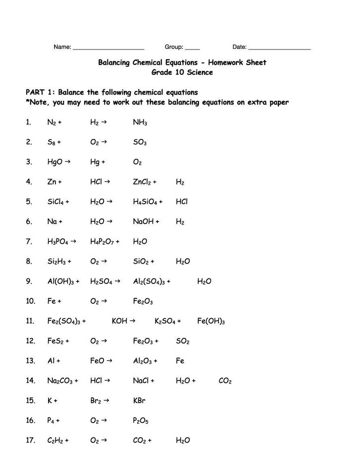 Balancing Chemical Equations Worksheet With Answers Grade 10 A