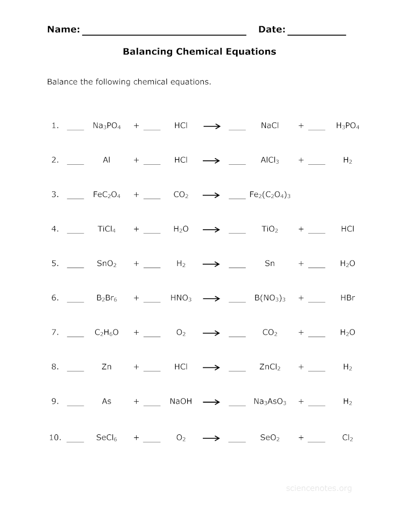 Balance Chemical Equations Practice Sheet Chemical equation