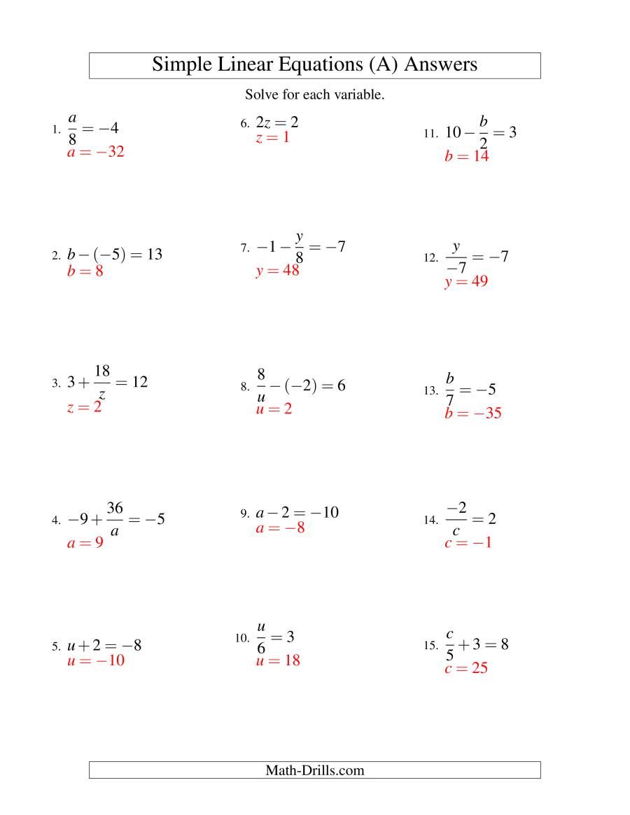 The Solving Linear Equations (Including Negative Values) Form ax + b