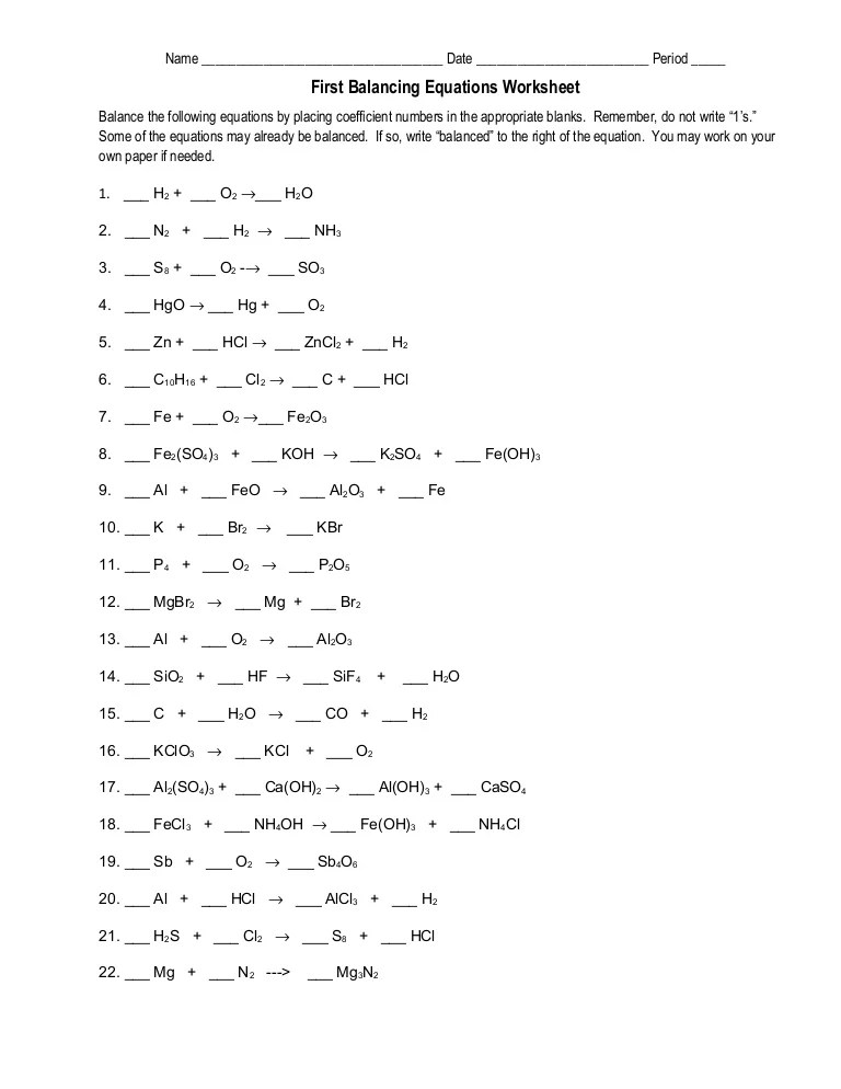 First balancing equations worksheet