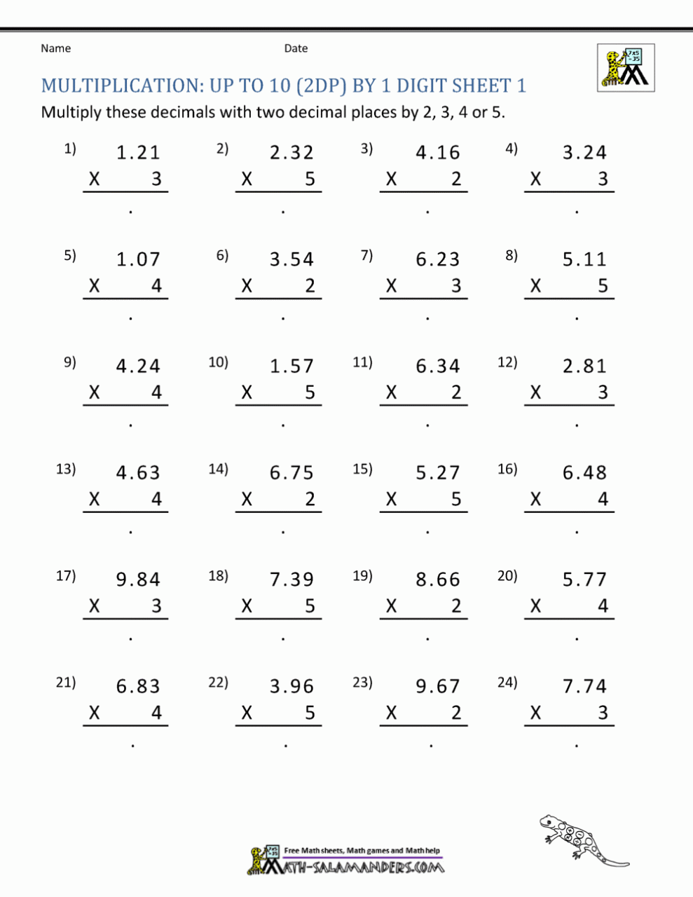 free 5th grade math worksheets multiplication 3 digits 2dp by 1 digit 1