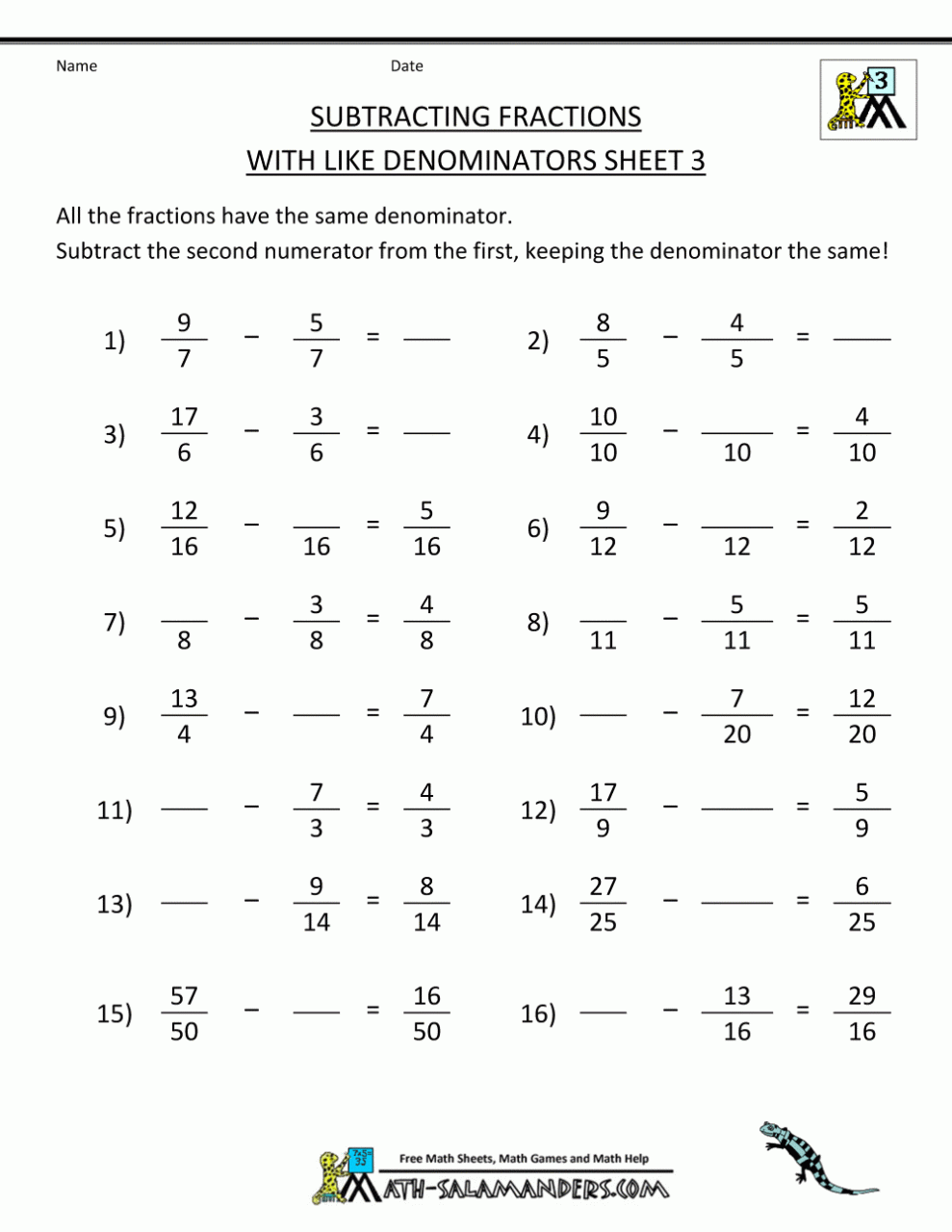 Grade 5 Math Worksheets Fractions