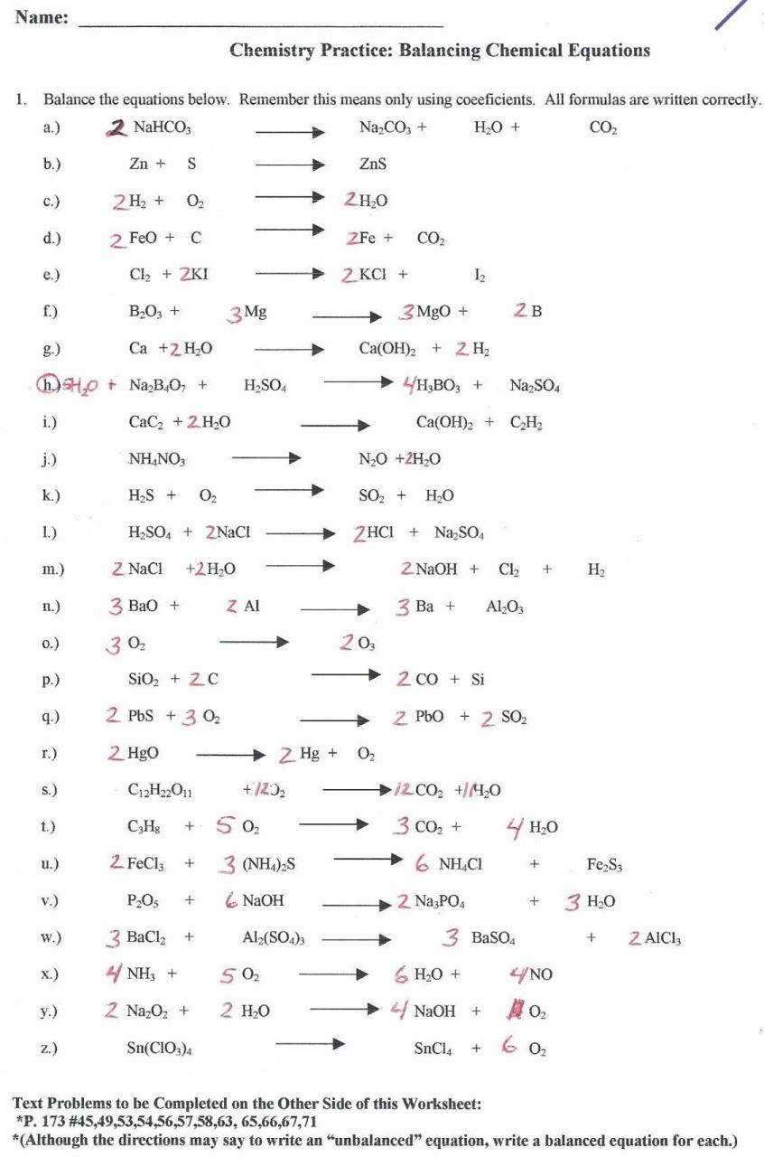 Balancing Chemical Equations Worksheet Answer Key Chemistry If8766
