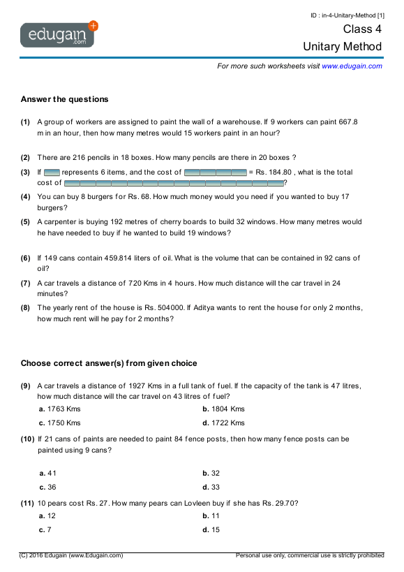 Class 4 Math Worksheets and Problems Unitary Method Edugain India