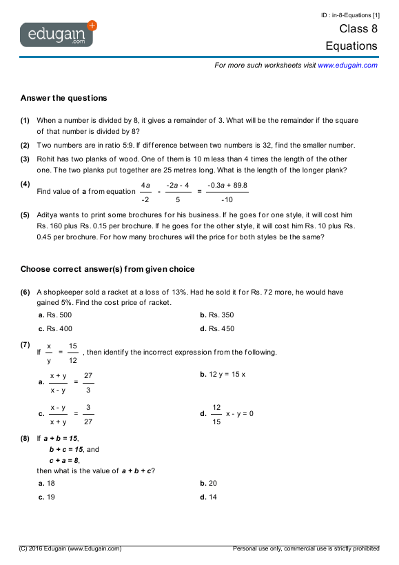 Grade 8 Math Worksheets and Problems Equations Edugain Global